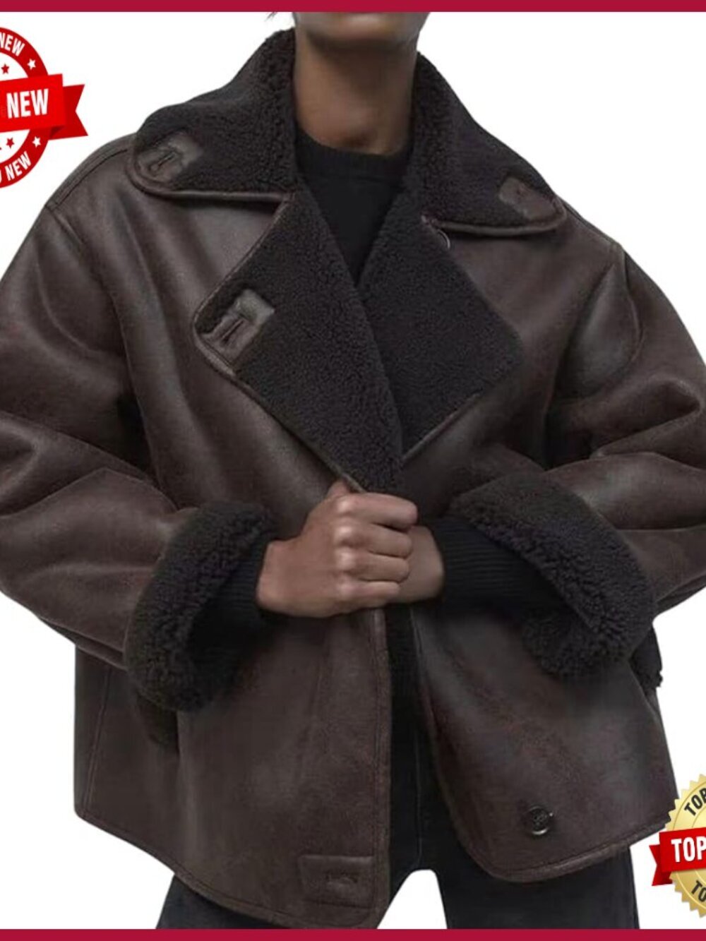 Oversized Faux Suede Sherpa Lined Moto Jacket Winter Coat Loose Fit